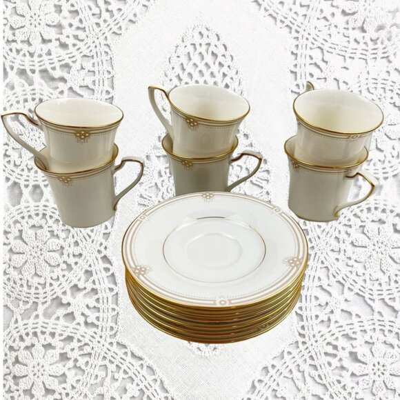 Noritake Satin Gown 6 Flat Cup & Saucer Cream Gold Trim Embossed White Dots - Picture 12 of 12